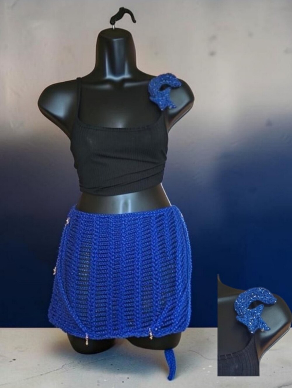Handmade Blue Crochet Diamond Mesh Sarong With Lily Applique Clamp, Multi Size